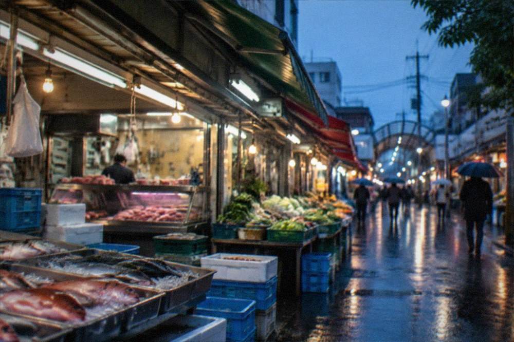 Rain falling on a city street with illuminated restaurant signs in the evening