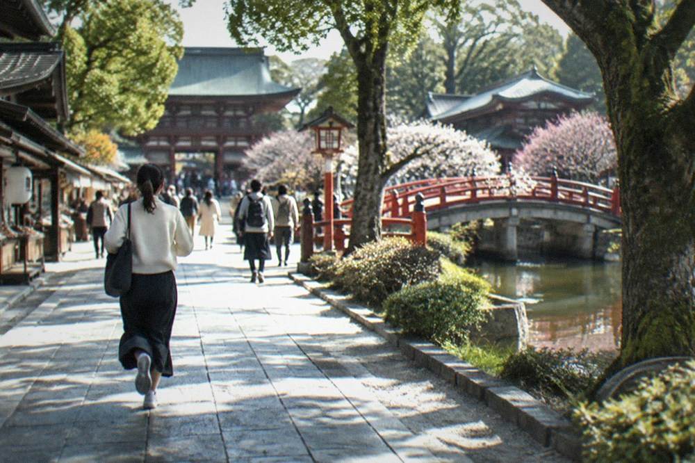 The stone-paved approach to Dazaifu Tenmangu lined with teahouse roofs and visitors