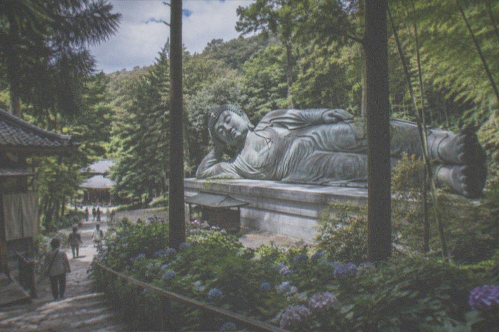 A large reclining bronze Buddha resting in a forest clearing at Nanzoin