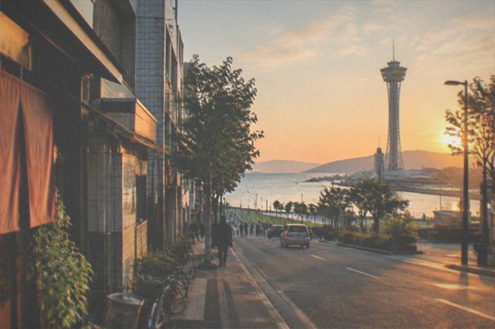 A tall seaside observation tower standing above a park and waterfront in Fukuoka