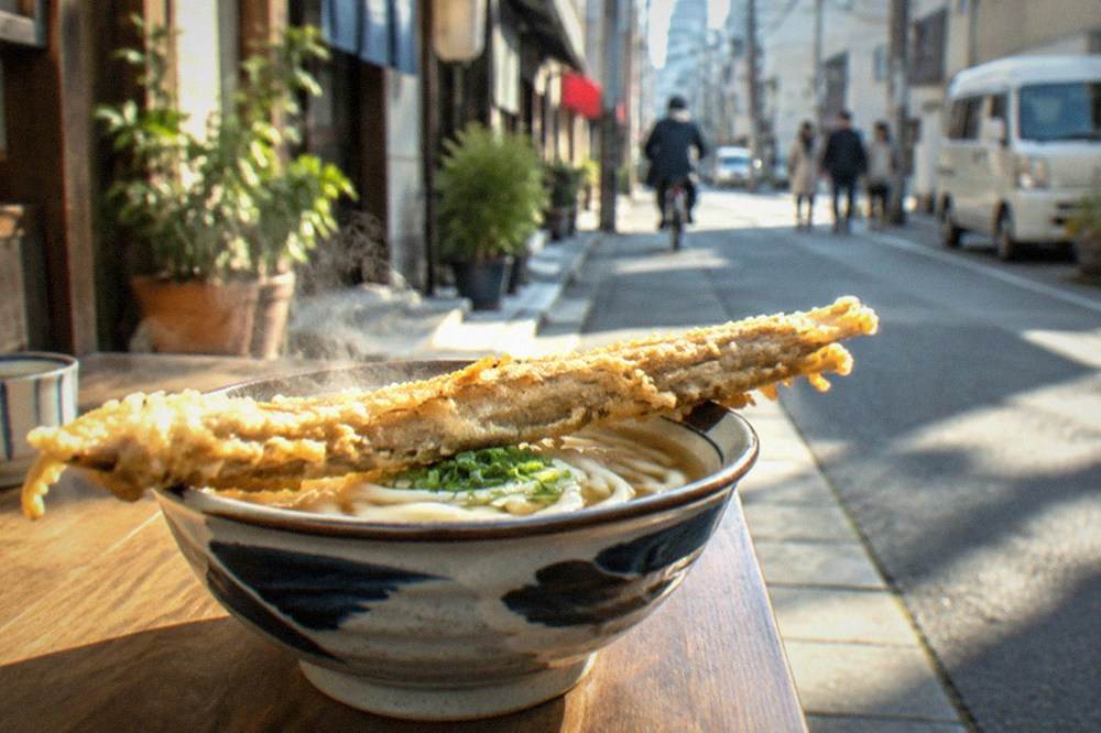 A long strip of burdock root tempura resting across a steaming bowl of udon noodles