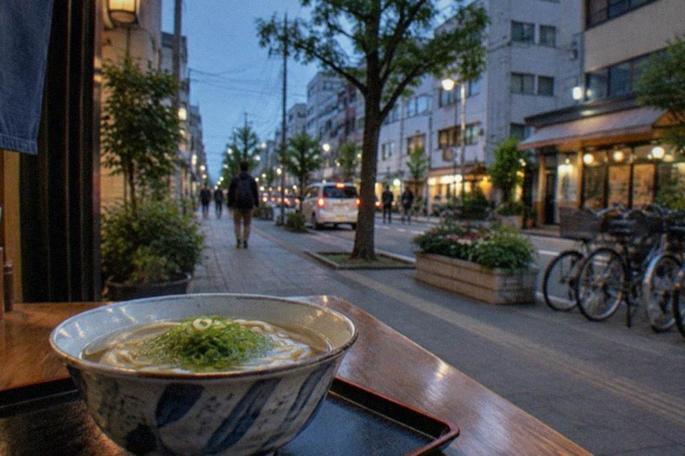 A bowl of udon noodles in clear broth with sliced green onion on a lacquer tray