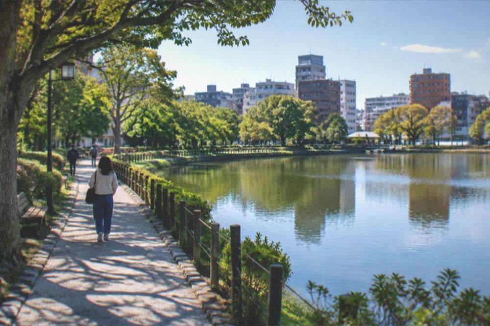 A quiet park path beside a large pond with trees reflected in the water