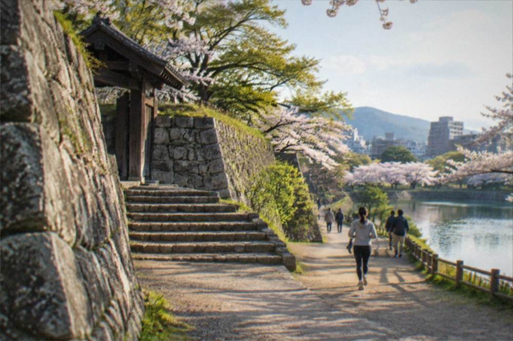 Cherry blossom trees framing the stone walls and lake of Maizuru Park with the city behind