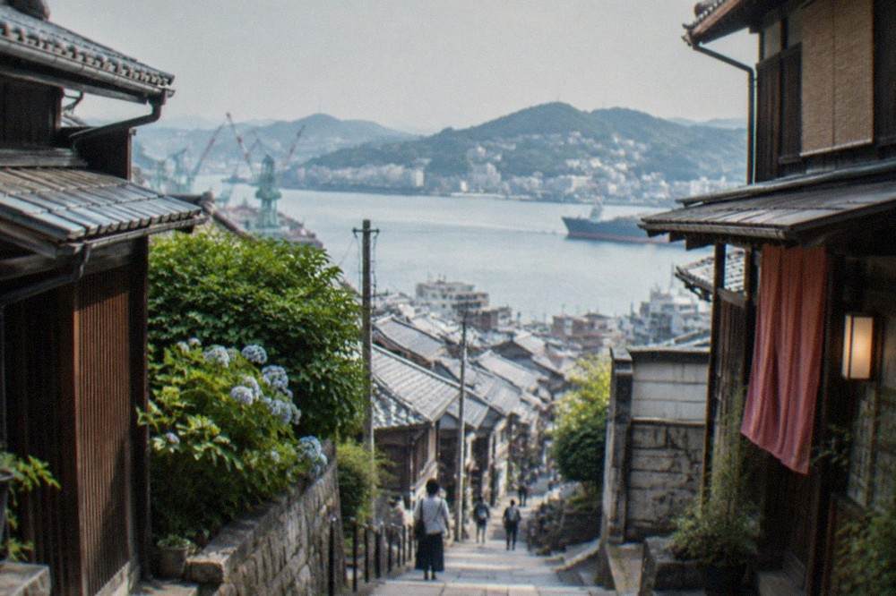 Narrow street in Nagasaki with stone steps rising between old wooden buildings