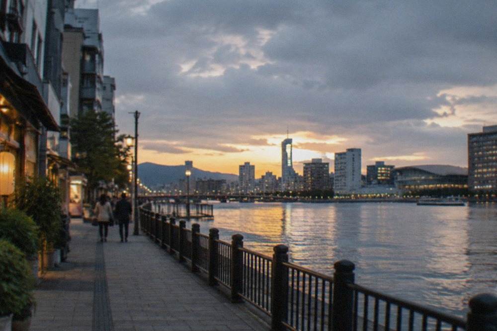Hakata ward skyline and Hakata Bay at dusk with illuminated buildings along the waterfront