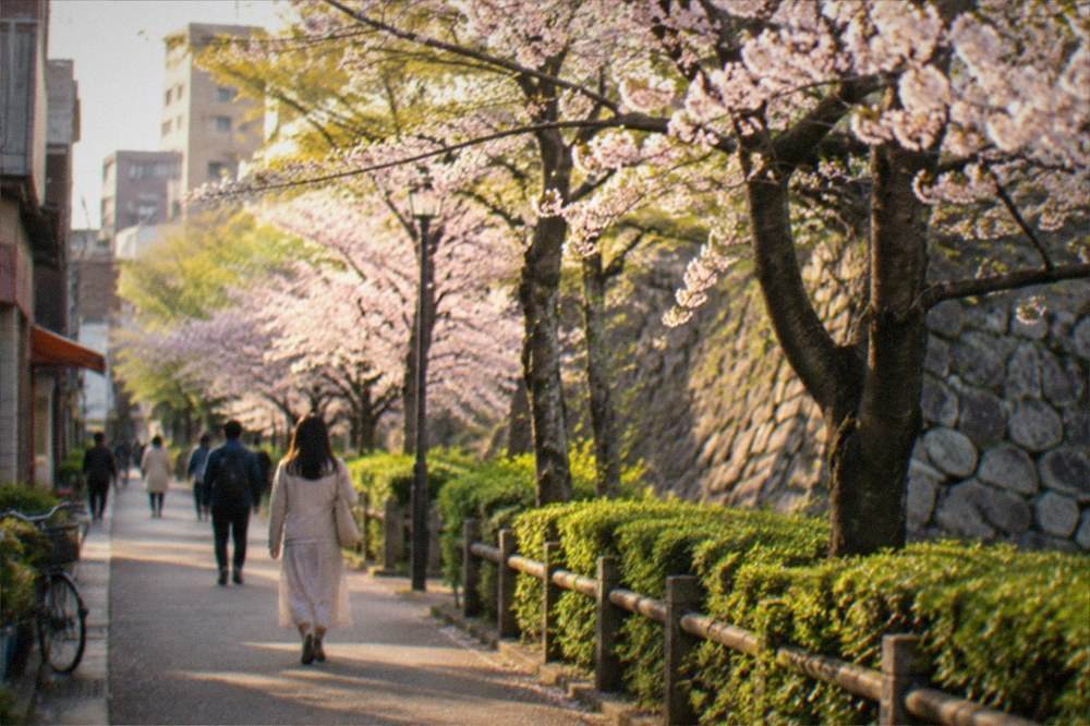 Cherry blossom trees in full bloom along a park path with a castle stone wall behind