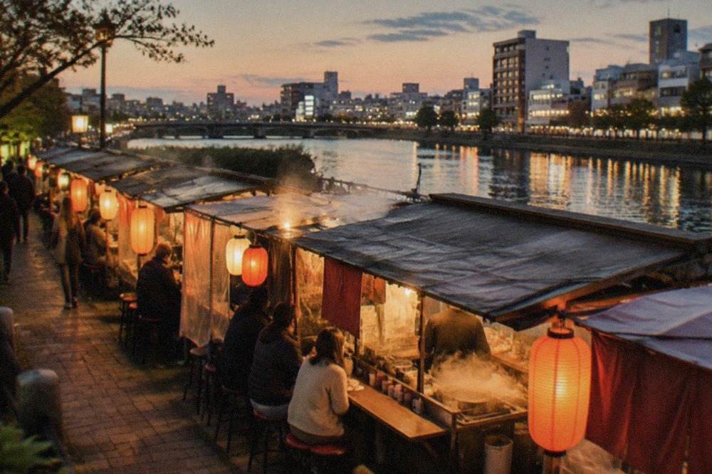 Row of lantern-lit yatai food stalls along a river embankment at night