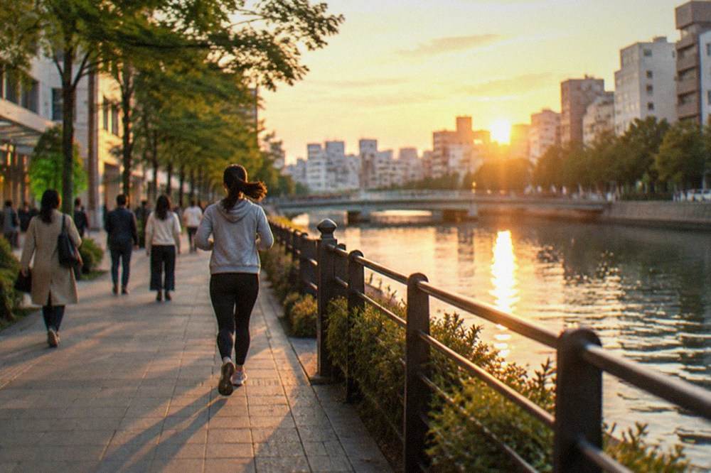 Pedestrians walking along a canal-side promenade in central Fukuoka in the evening