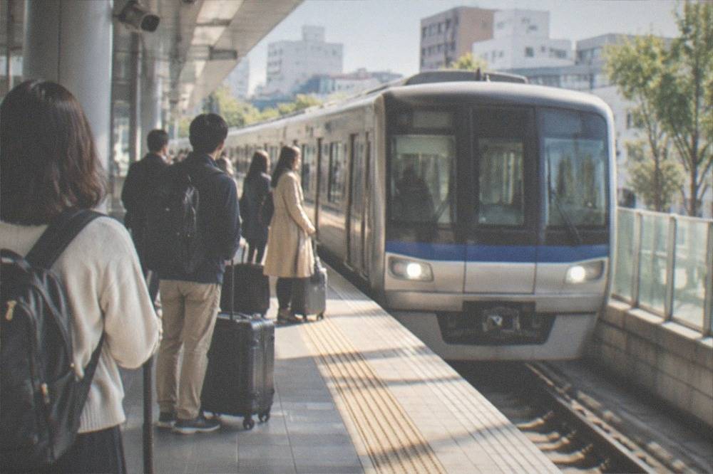 A subway train pulling into Fukuoka Airport station with travellers waiting with luggage