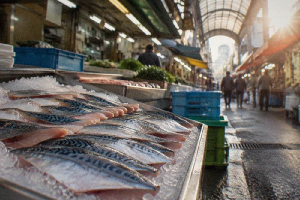 fresh mackerel fillets laid out on ice at an indoor fish market stall