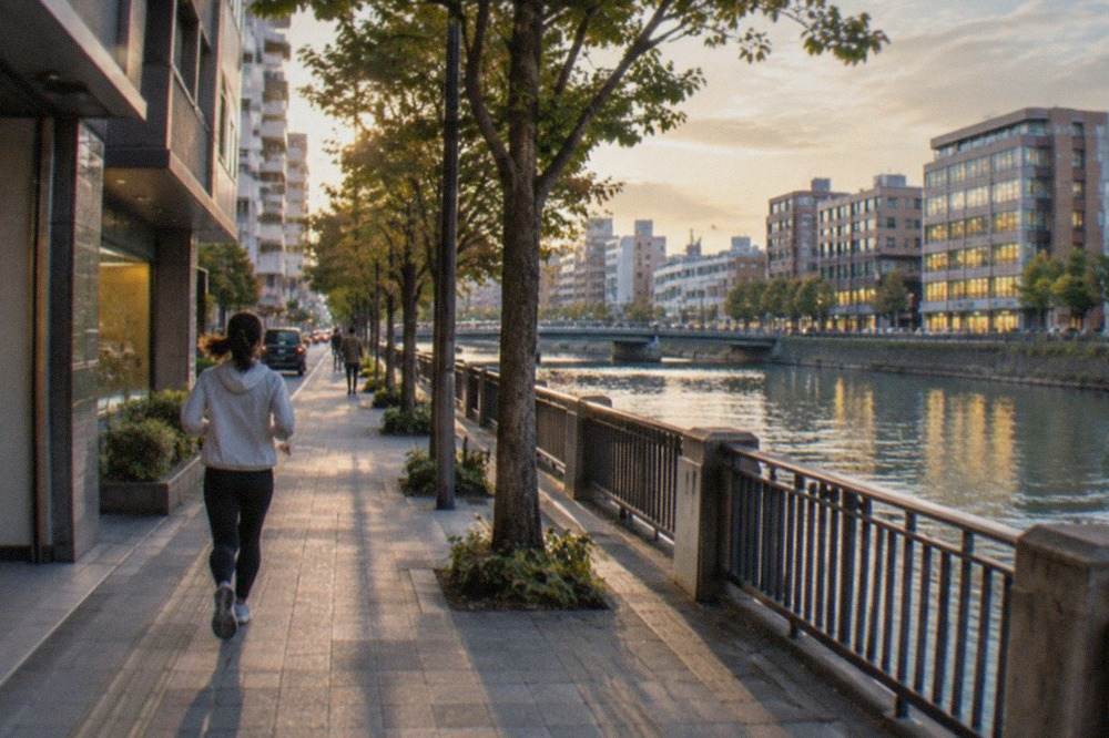 Illuminated high-rise buildings along a canal in central Fukuoka at dusk