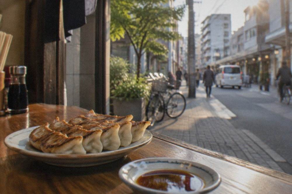 A plate of small pan-fried dumplings on a wooden counter beside a small dish of dipping sauce