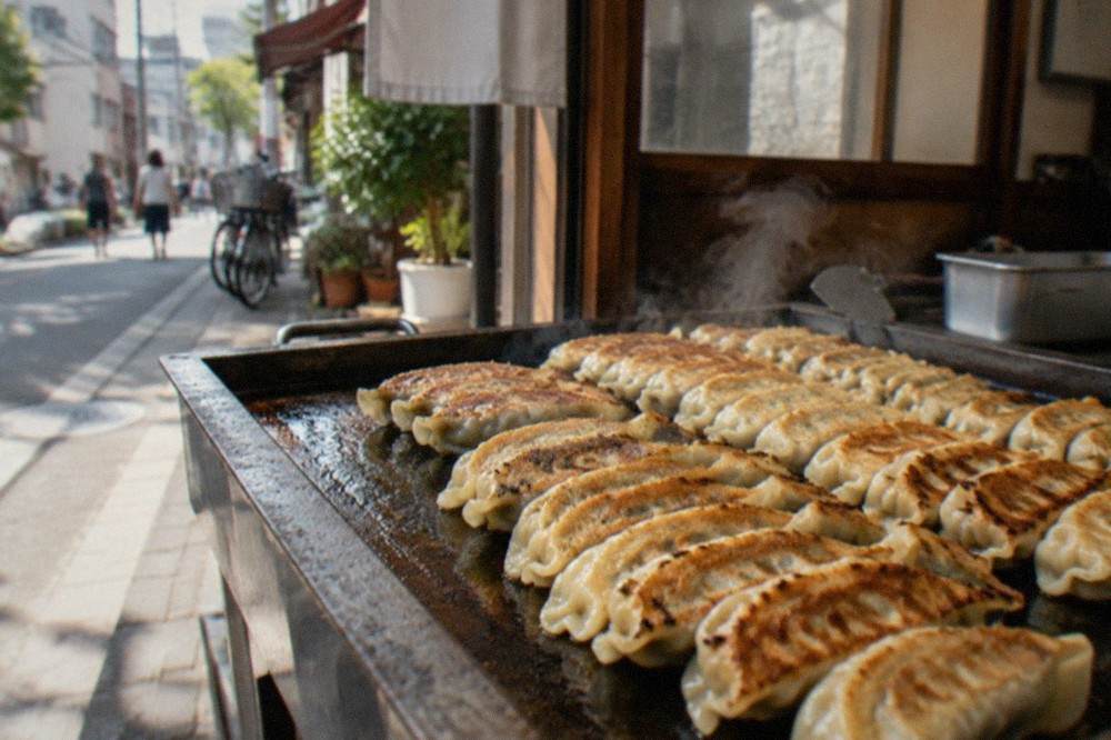 A close view of small pan-fried dumplings arranged in rows on a hot iron plate