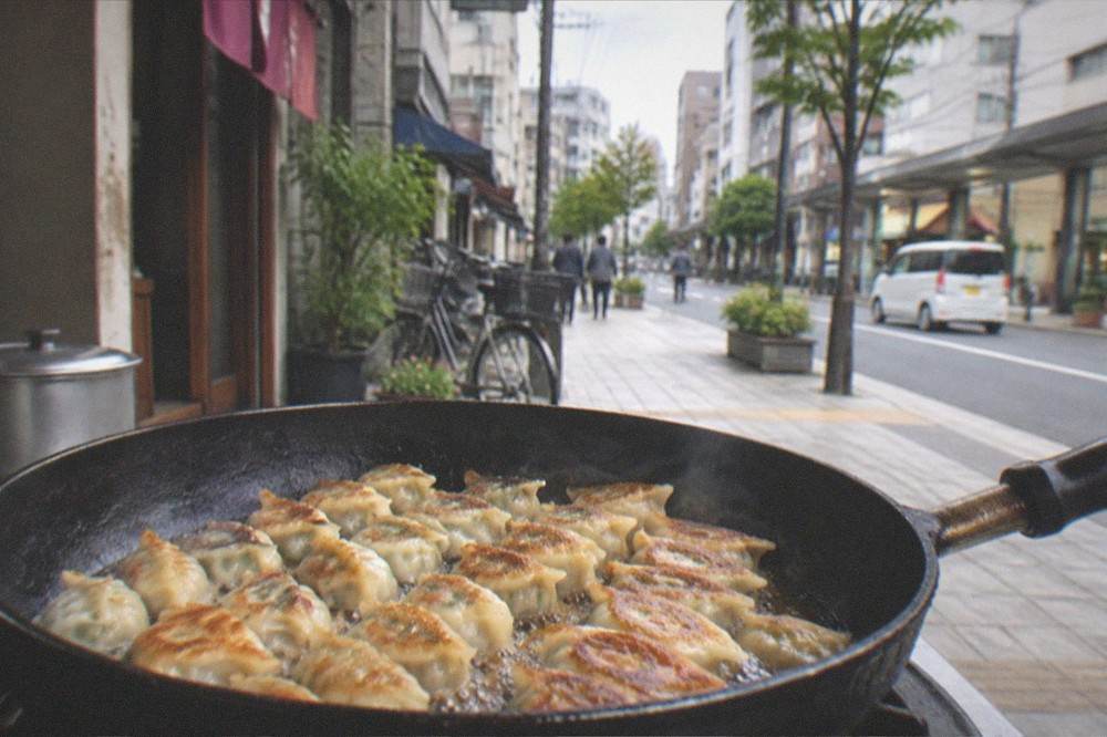 A home kitchen pan with rows of small dumplings frying flat side down
