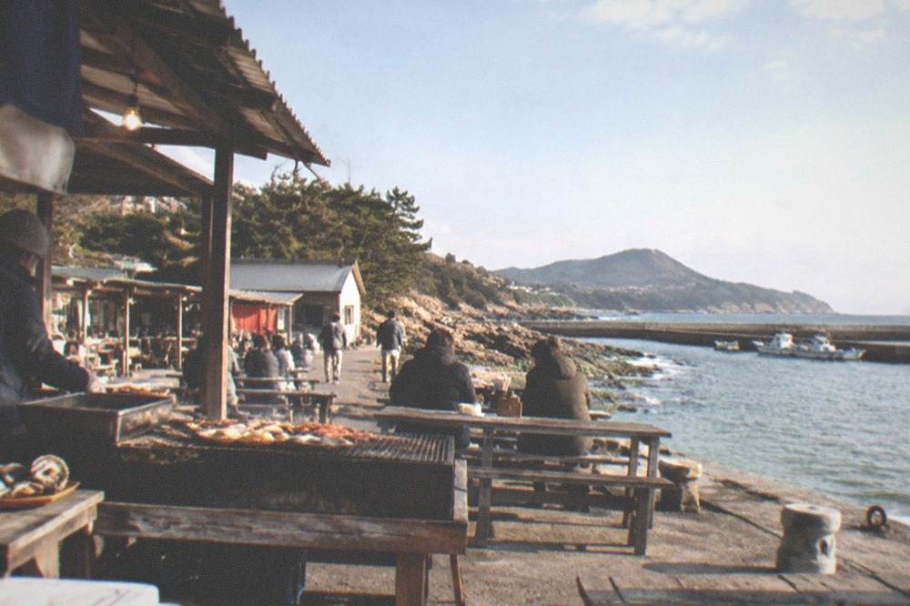 An outdoor seafood stall with grills and benches beside a harbour