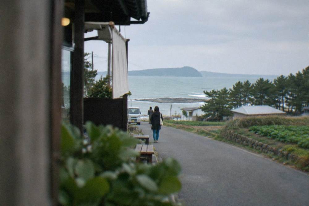 A quiet country road between green fields with the sea visible in the distance