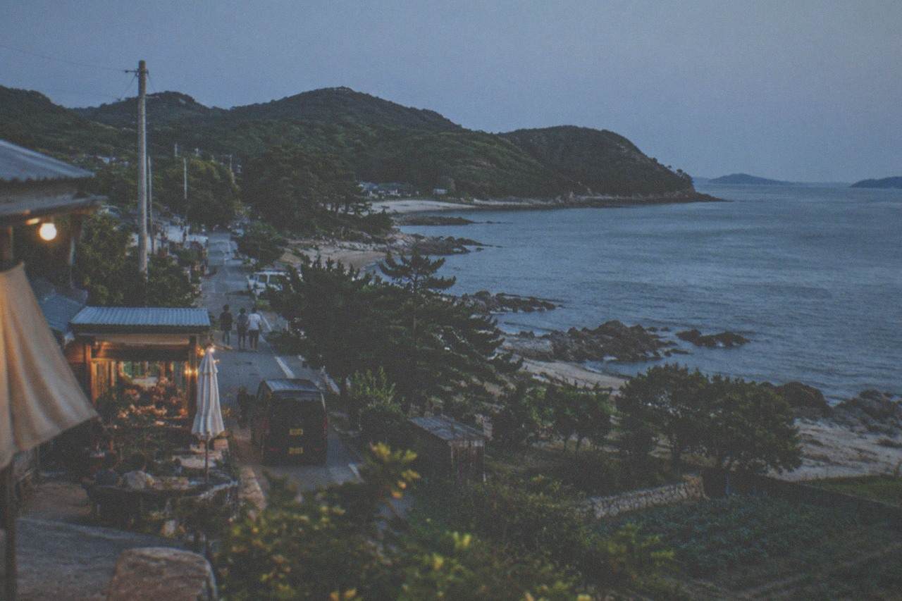 Rocky coastline with calm blue water and green pine-covered hills under a clear sky