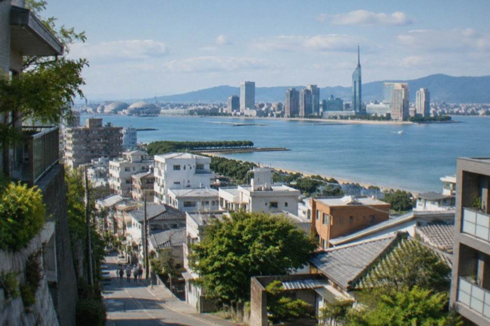Aerial view of a coastline with a modern city skyline rising behind a wide bay
