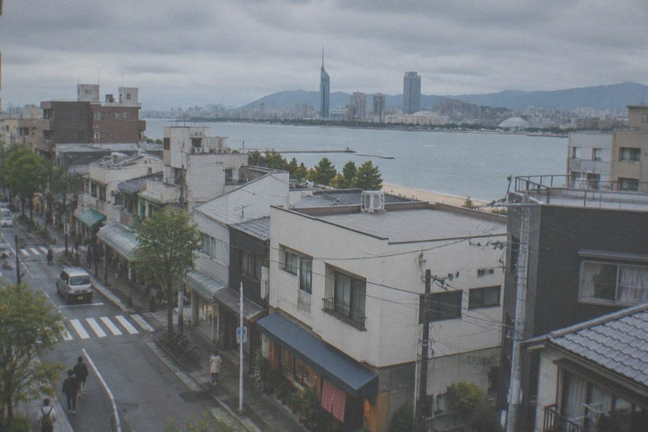 Aerial view of a coastline with a modern city skyline rising behind a wide bay
