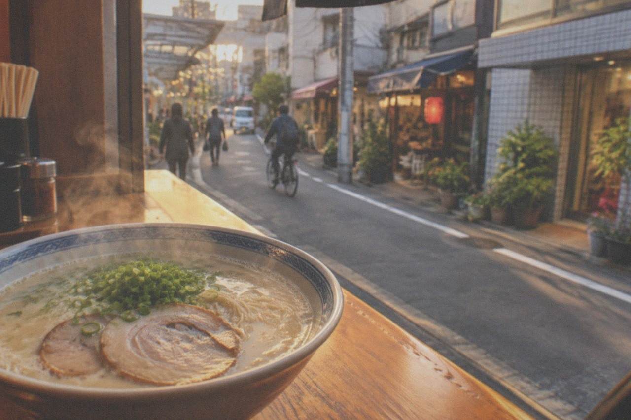 A steaming bowl of tonkotsu ramen with thin noodles, chashu pork and green onion on a wooden counter