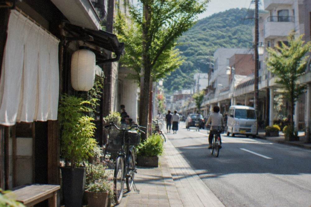 Green rural valley in Kyushu with forested hills behind it