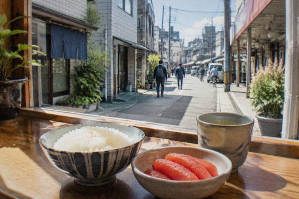 Bowl of bright red mentaiko roe beside rice and tea on a wooden counter