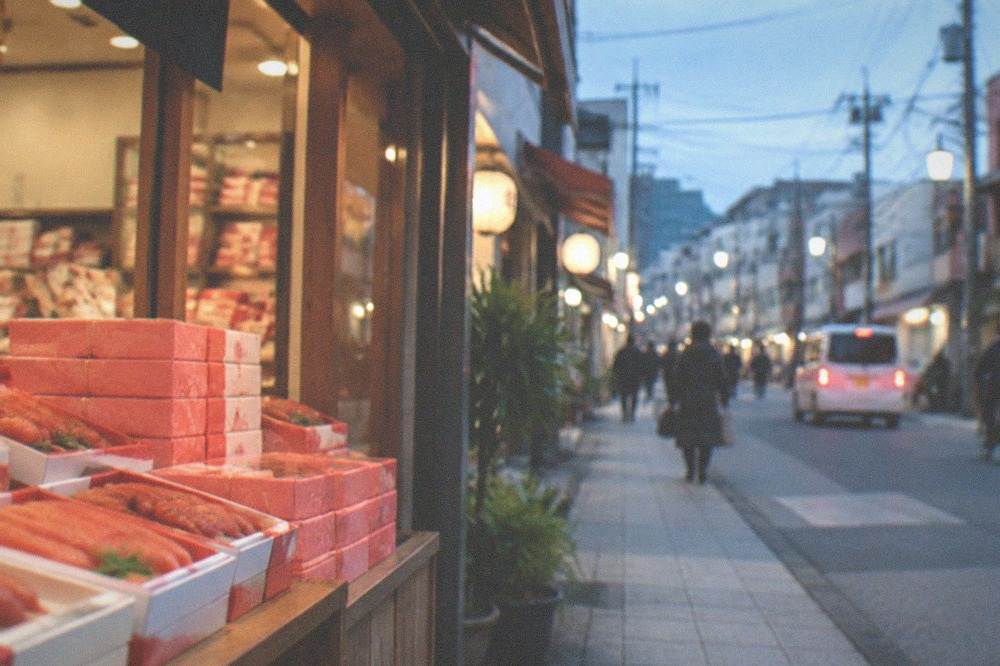 Gift boxes of mentaiko stacked on a souvenir shop shelf