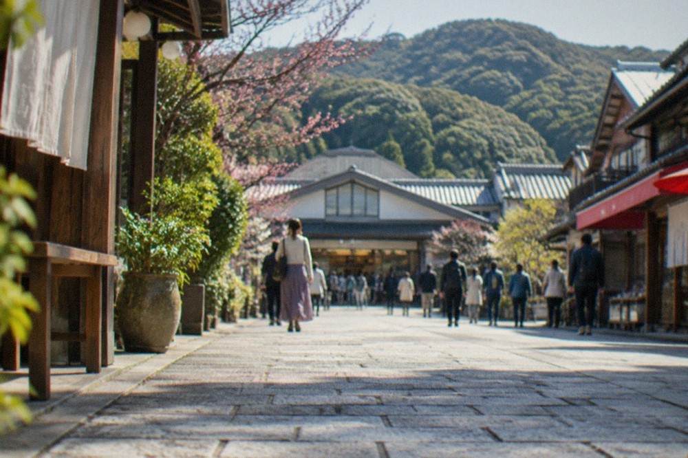 The approach to Dazaifu station with the shrine town street beyond the station exit