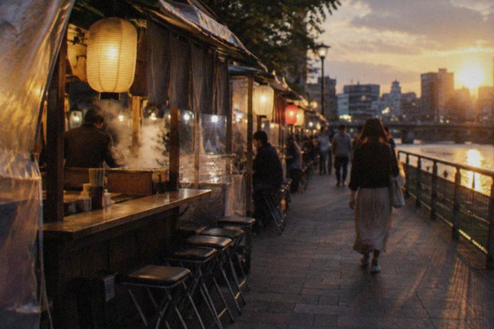 A row of illuminated food stalls lined up along a riverfront promenade at night