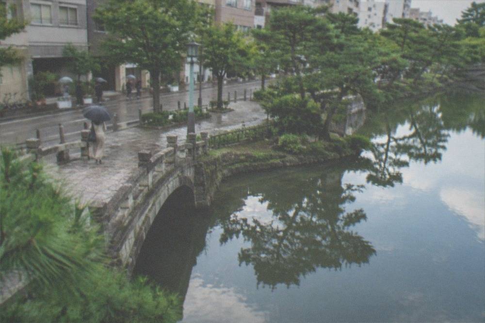 Large pond in a Japanese park with a stone bridge and pine trees reflected in still water