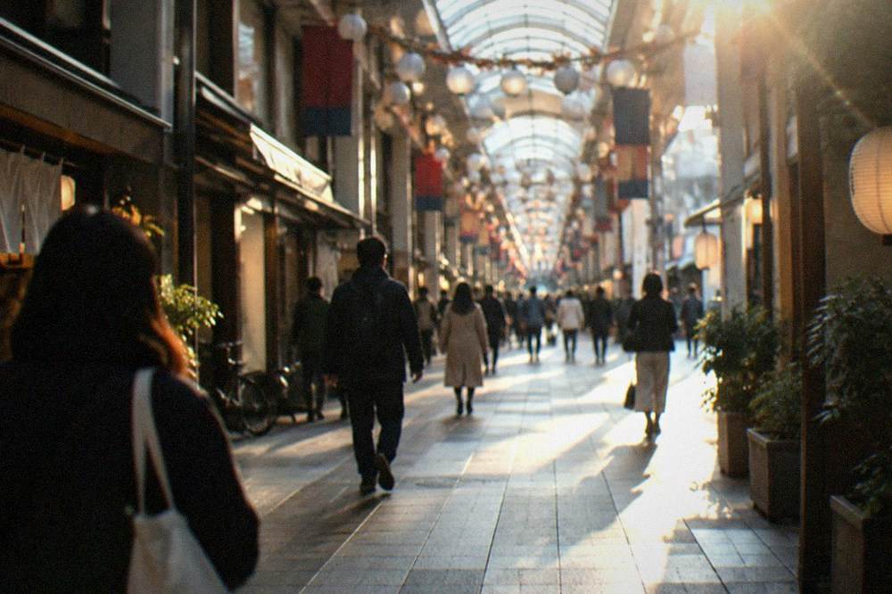 Kawabata Shopping Arcade's covered lane of small shops and lanterns in late afternoon