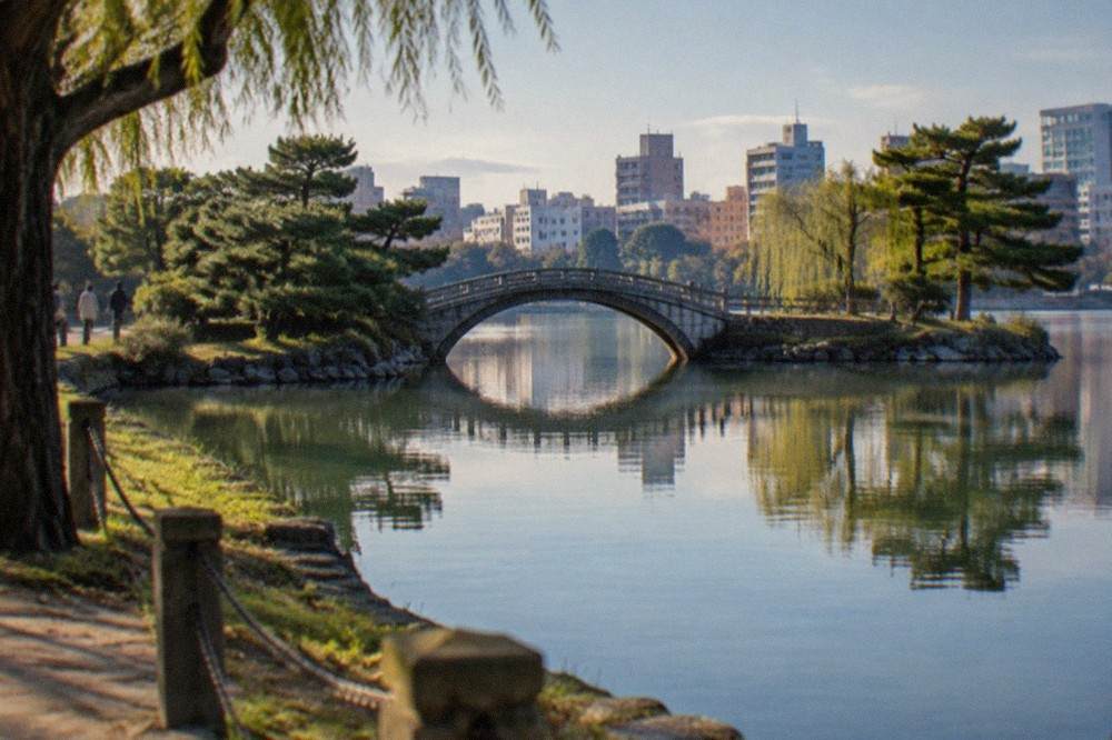 Ohori Park pond with the arched bridge and city skyline reflected in still water