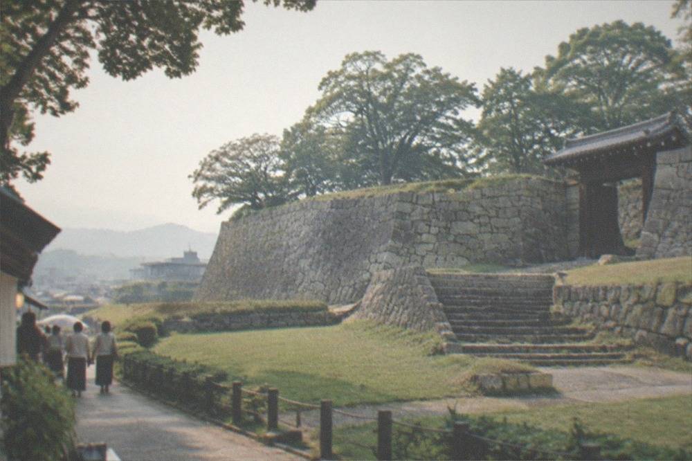 Stone walls of Fukuoka Castle ruins rising above green lawns in Maizuru Park