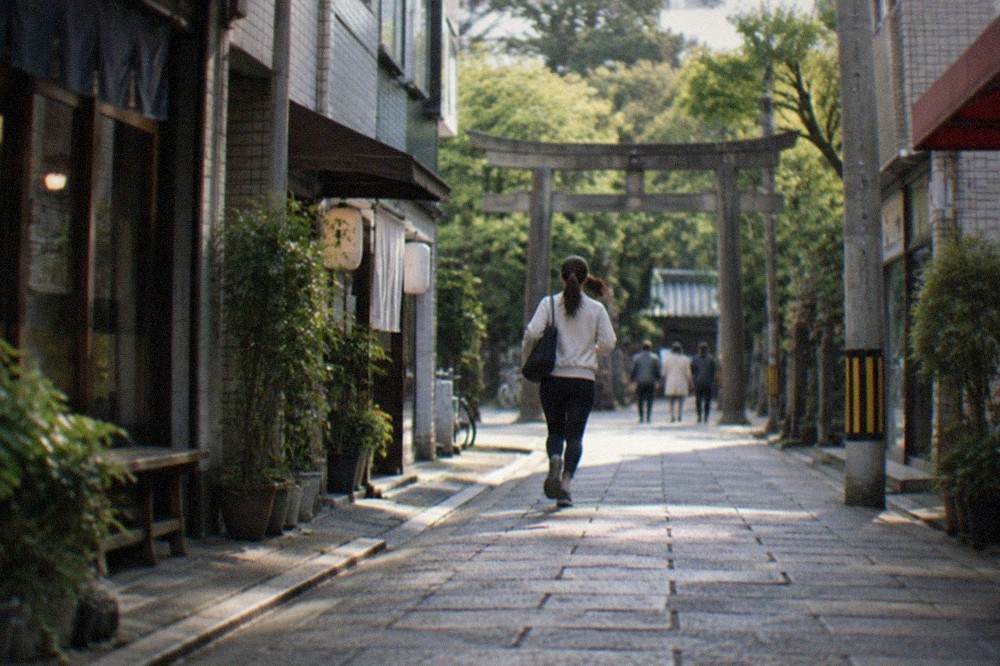 A stone path leading to a wooden shrine gate surrounded by trees in Hakata