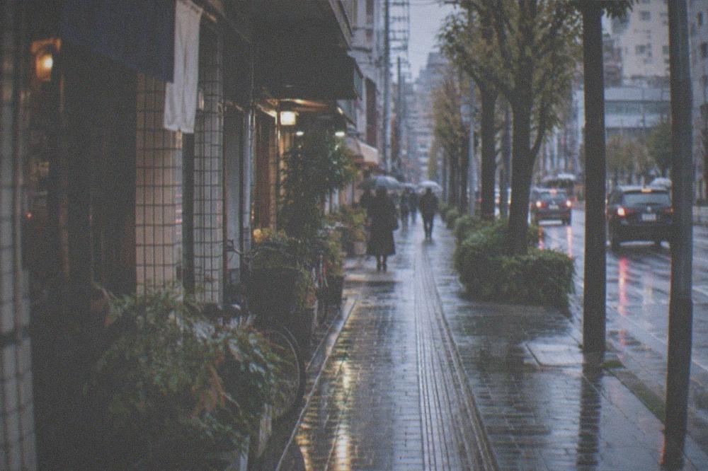 Rain-slicked city street at night with neon signs reflecting in puddles