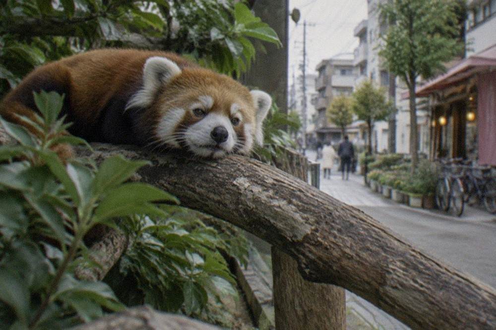 Red panda resting on a wooden branch inside a leafy zoo enclosure