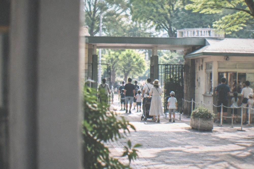 Zoo entrance gate with a ticket booth and families queuing under green trees