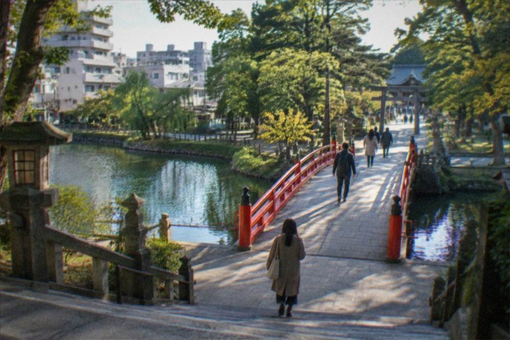 Red arched bridge over a pond leading to a shrine with a tree-lined approach